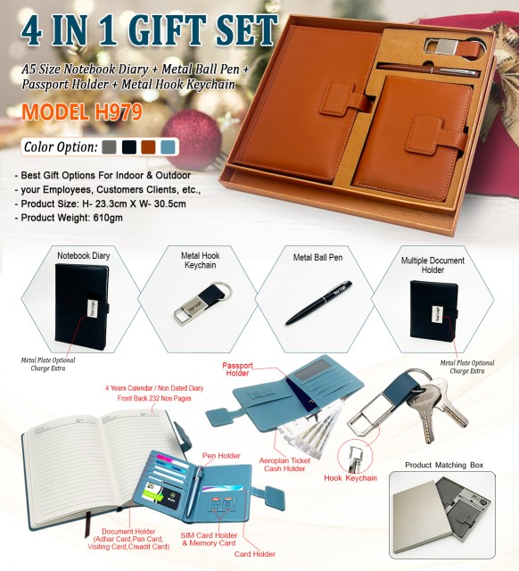 4 in 1 gift set diary, metal ball pen, passport holder and keychain